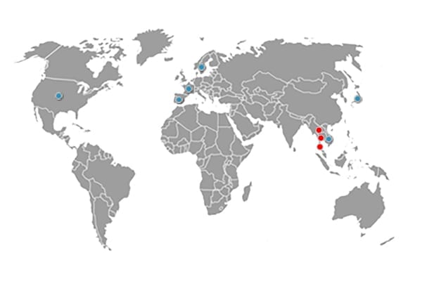 World map shows Group D.M.T. Locations